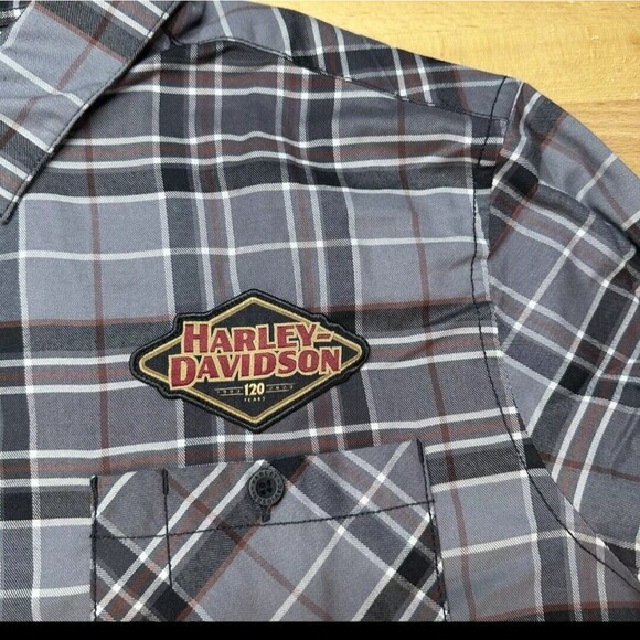 New Harley Davidson 120th Anniversary Plaid Button Up Shirt Grey Men’s Size LARG - Picture 7 of 9